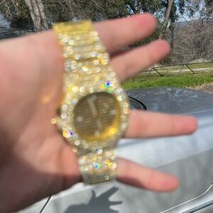 Gold VVS Bustdown Watch Simulated Diamond Stainless Steel Iced Out Hip Hop Bling